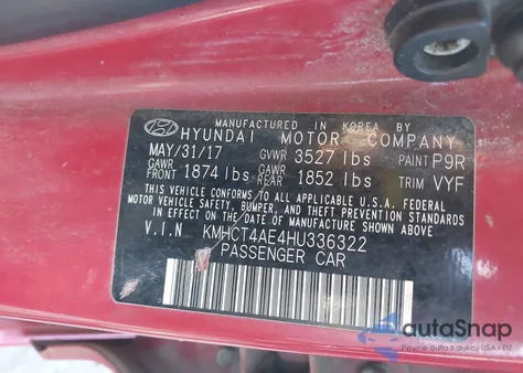 2017 Hyundai Accent Value Edition из США, поврежденный, VIN KMHCT4AE4HU336322